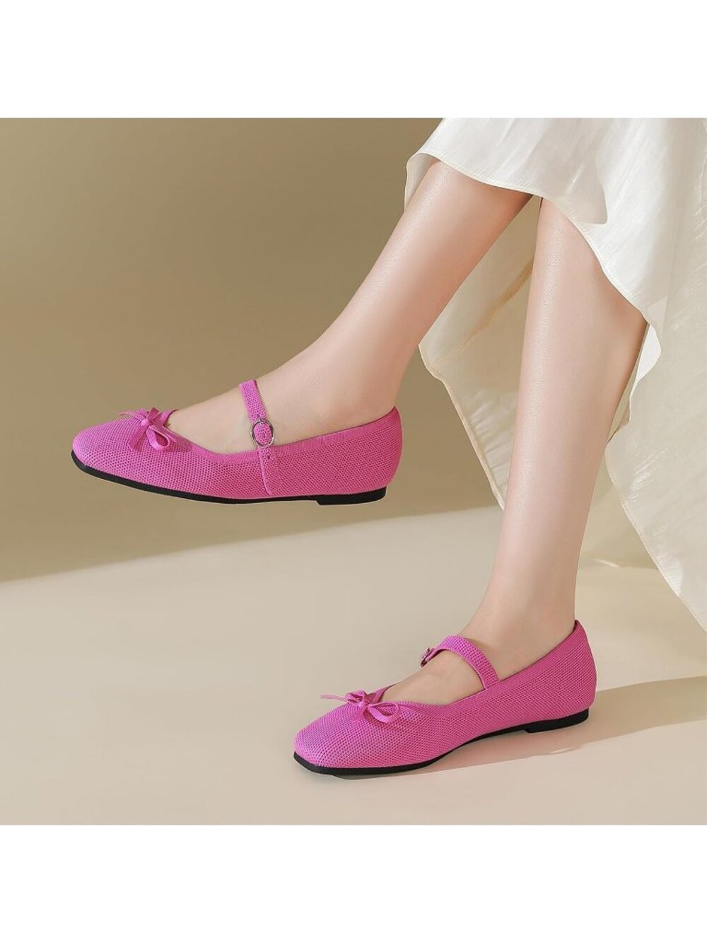 Women's Pink Comfortable Ankle Strap Square Toe Mary Jane Ballet Flats - Picture 6 of 6